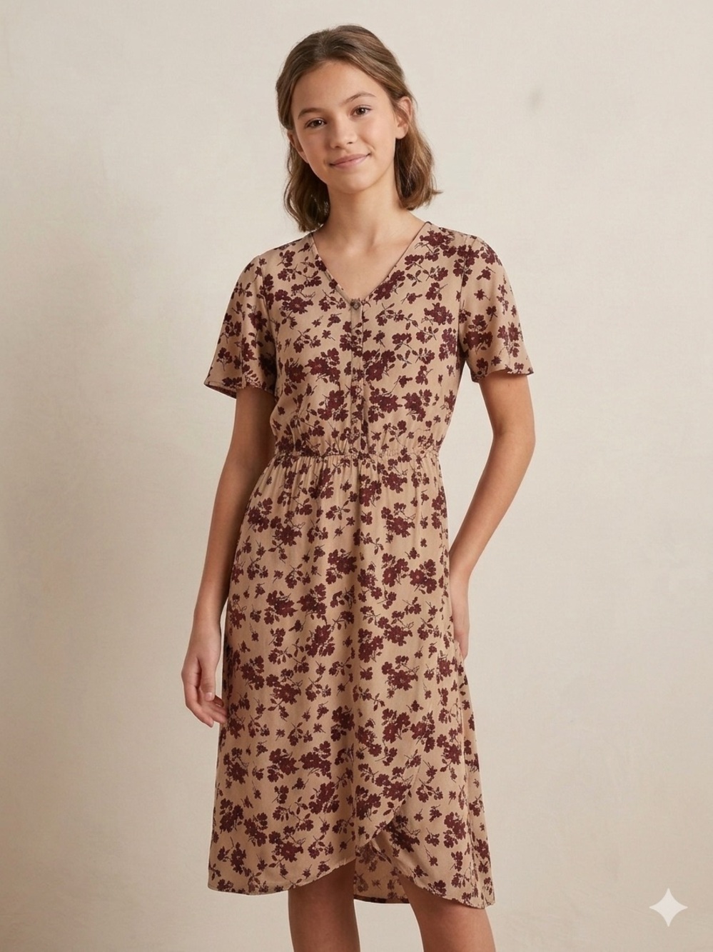 NWT One Loved Babe Floral Midi Dress Youth 14-16 Tan Maroon